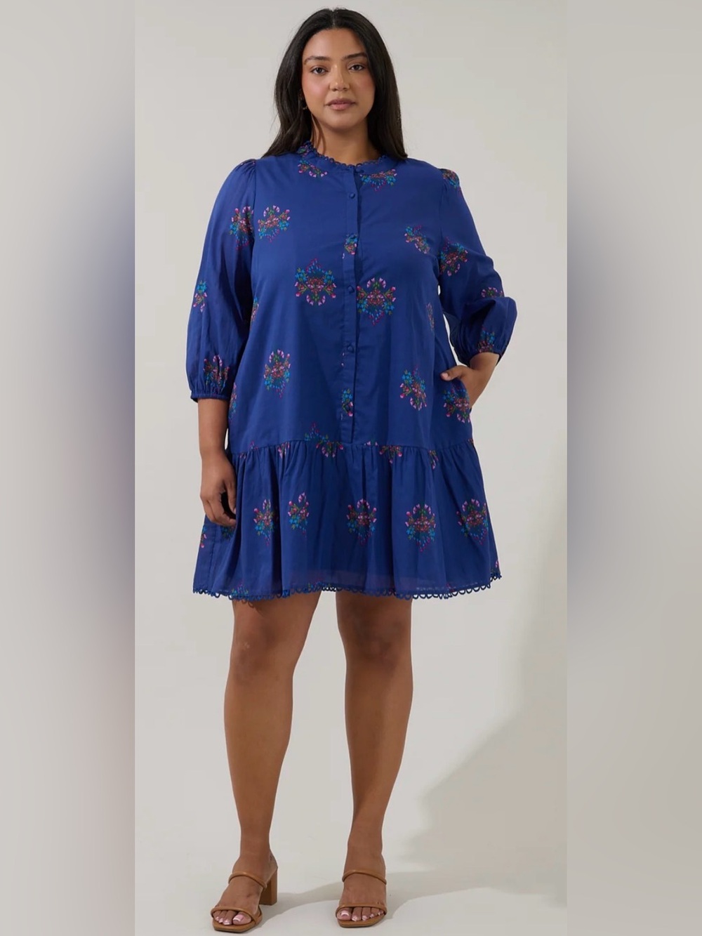 Sugarlips Yamila Navy Floral Ruffle Mini Dress Pockets 2X NWOT